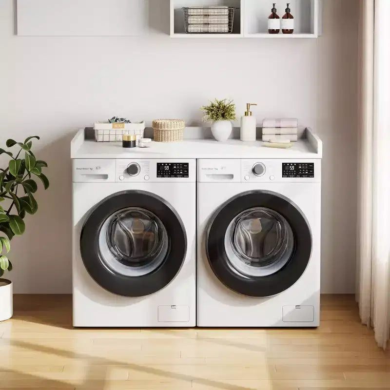 Comptoir pour lave-linge-sécheuse, dessus de machine à laver avec bord surélevé et tapis antidérapant pour le rangement des paniers à linge et l'organisation de la buanderie