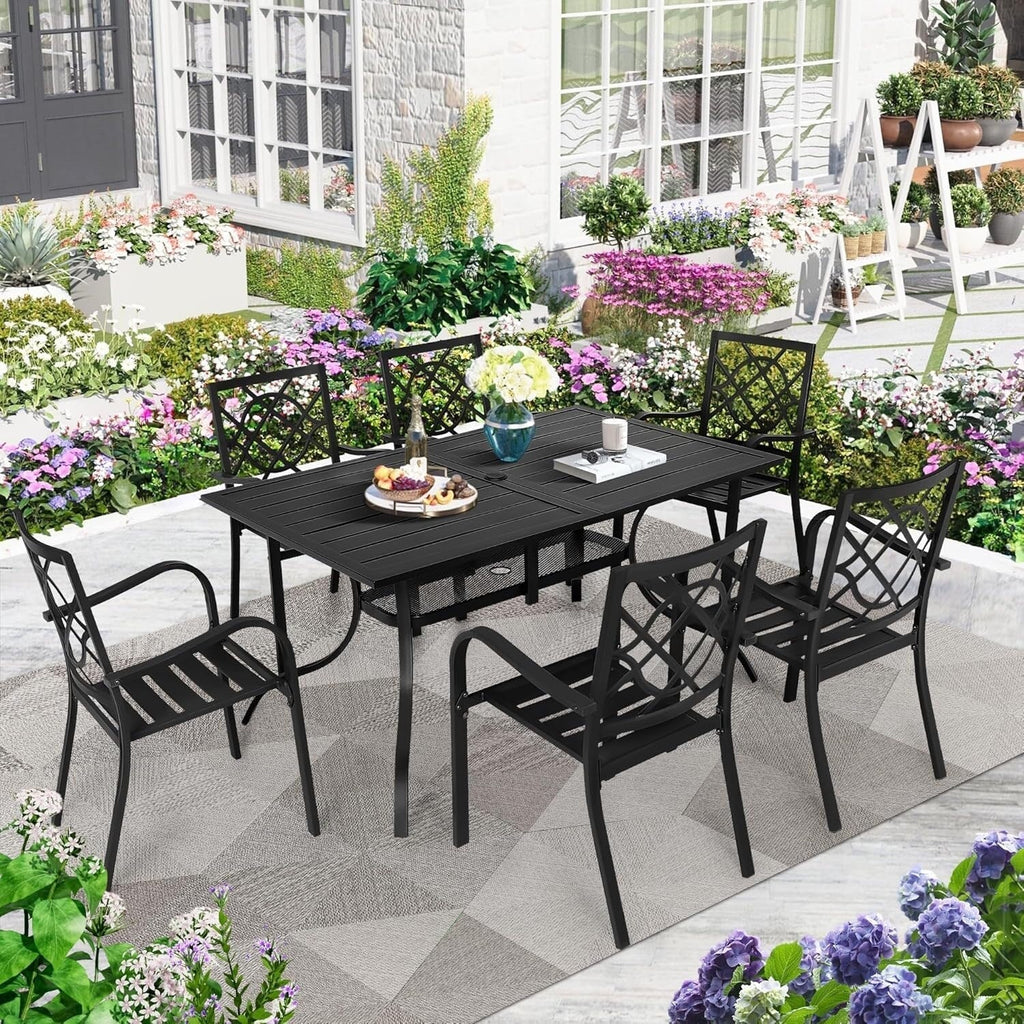 SUNCROWN Salon de jardin 5/7 pièces en acier avec table à lattes métalliques et chaises empilables Structure thermolaquée