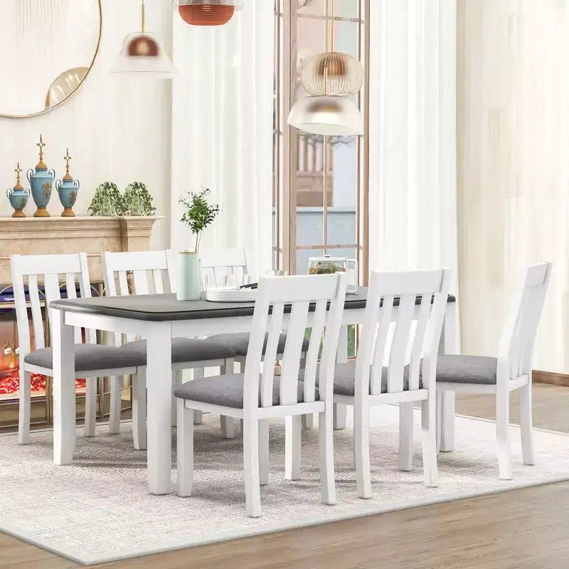Ensemble de salle à manger extensible de style ferme pour 6 personnes, table rectangulaire et 6 chaises rembourrées