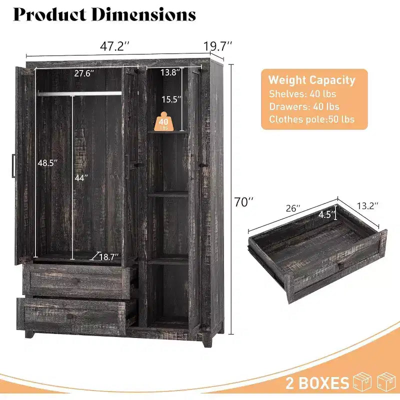 AMERLIFE Armoire de garde-robe de ferme 47 avec 3 portes, 2 tiroirs, tringle à vêtements et étagères réglables, organisateur de placard autoportant