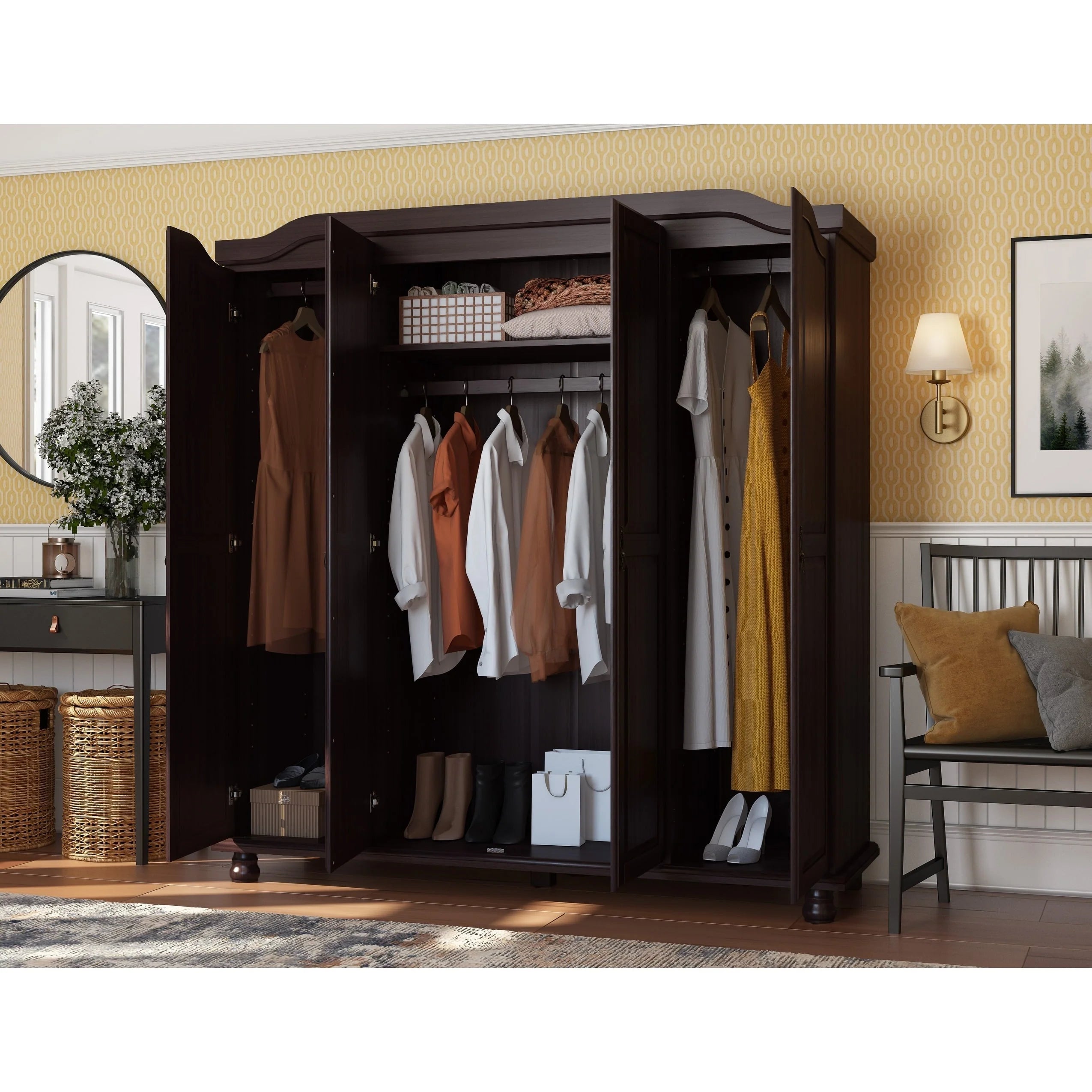 Palace Imports Kyle Armoire 4 portes 100 % en bois massif avec portes en bois massif ou portes miroir