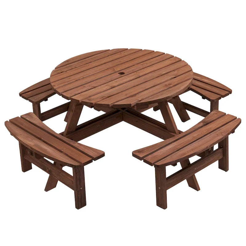 Ensemble de salle à manger rond en bois de sapin pour patio extérieur 8 personnes avec 4 bancs intégrés et trou pour parasol