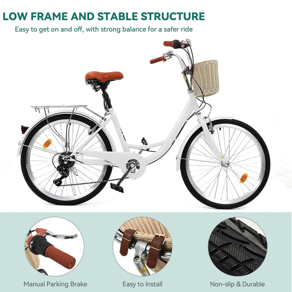 Moasis24/26 Vélo Cruiser 7 Vitesses, Vélo à Cadre Bas Ajustable, Vélo de Ville, Bicyclette