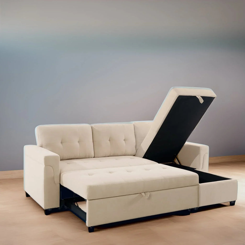 Canapé d'angle réversible convertible avec lit gigogne, méridienne de rangement et pieds durables