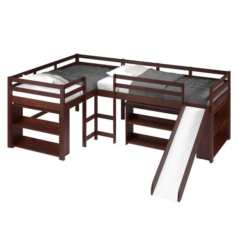 Ensemble de chambre mezzanine en L Double Twin avec toboggan, finition cappuccino foncé