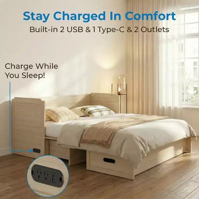 Lit escamotable convertible Queen Size Mjkone avec matelas, chargement USB, tiroirs de rangement