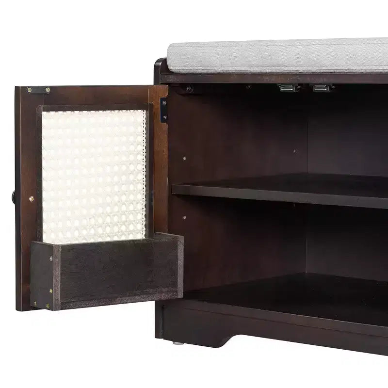 Banc de rangement rustique en bois Whisen, banc à chaussures d'entrée avec coussin amovible, étagères réglables