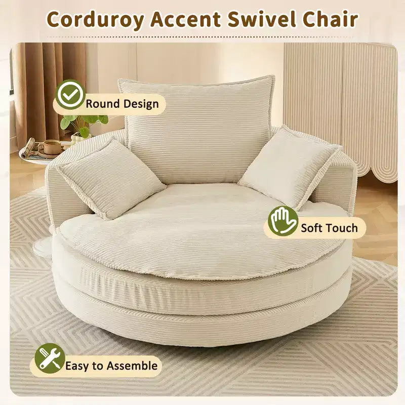 Fauteuil d'appoint pivotant à 360°, Fauteuil pivotant rond en forme de baril avec coussin pour salon