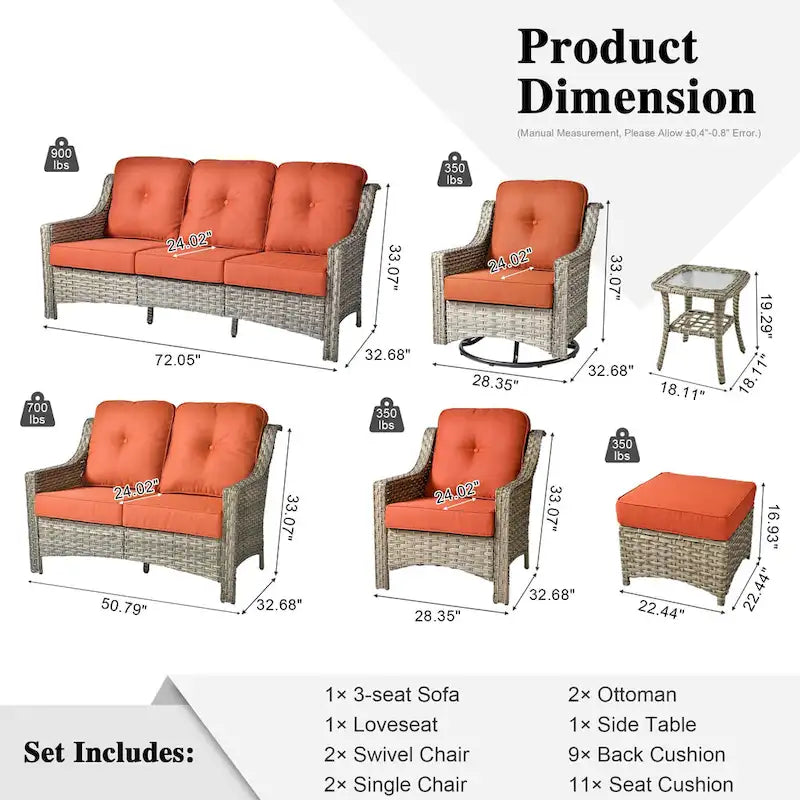 Ensemble de conversation de jardin 9 pièces XIZZI avec fauteuil pivotant