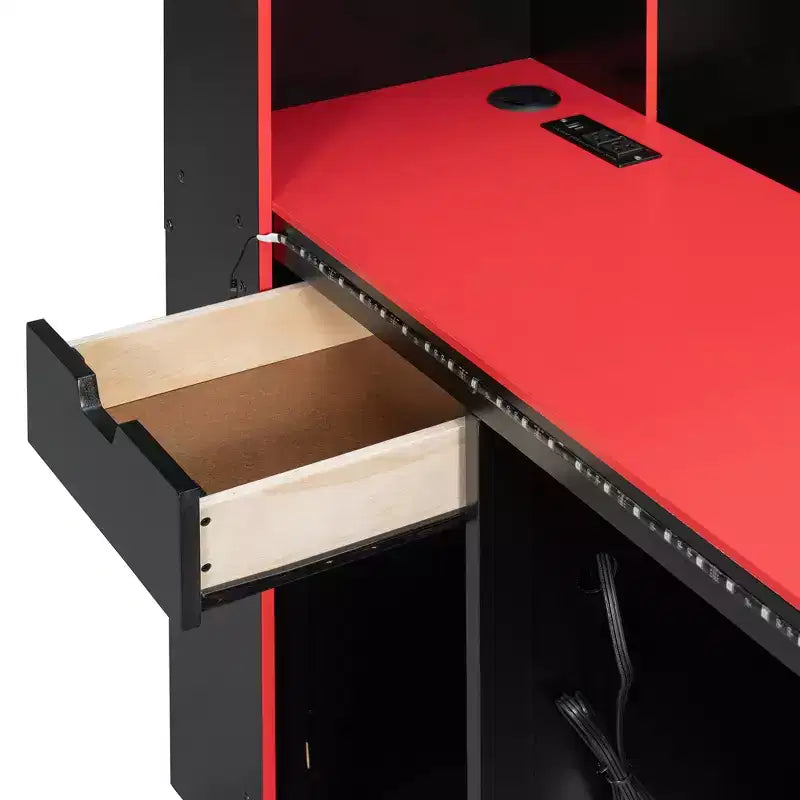 Lit de repos de jeu double/grand avec tête de lit bibliothèque, lumières LED, bureau intégré, tiroirs et station de charge