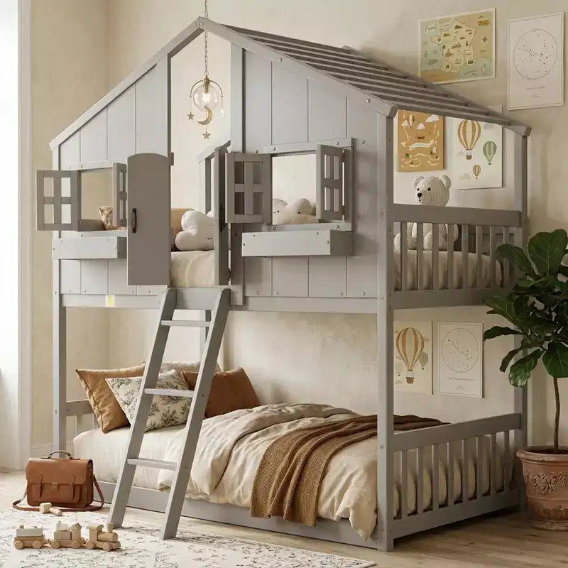 Lit mezzanine cabane de taille double, lit mezzanine cabane en bois avec échelle et barrières de sécurité pour enfants