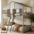Lit mezzanine cabane de taille double, lit mezzanine cabane en bois avec échelle et barrières de sécurité pour enfants