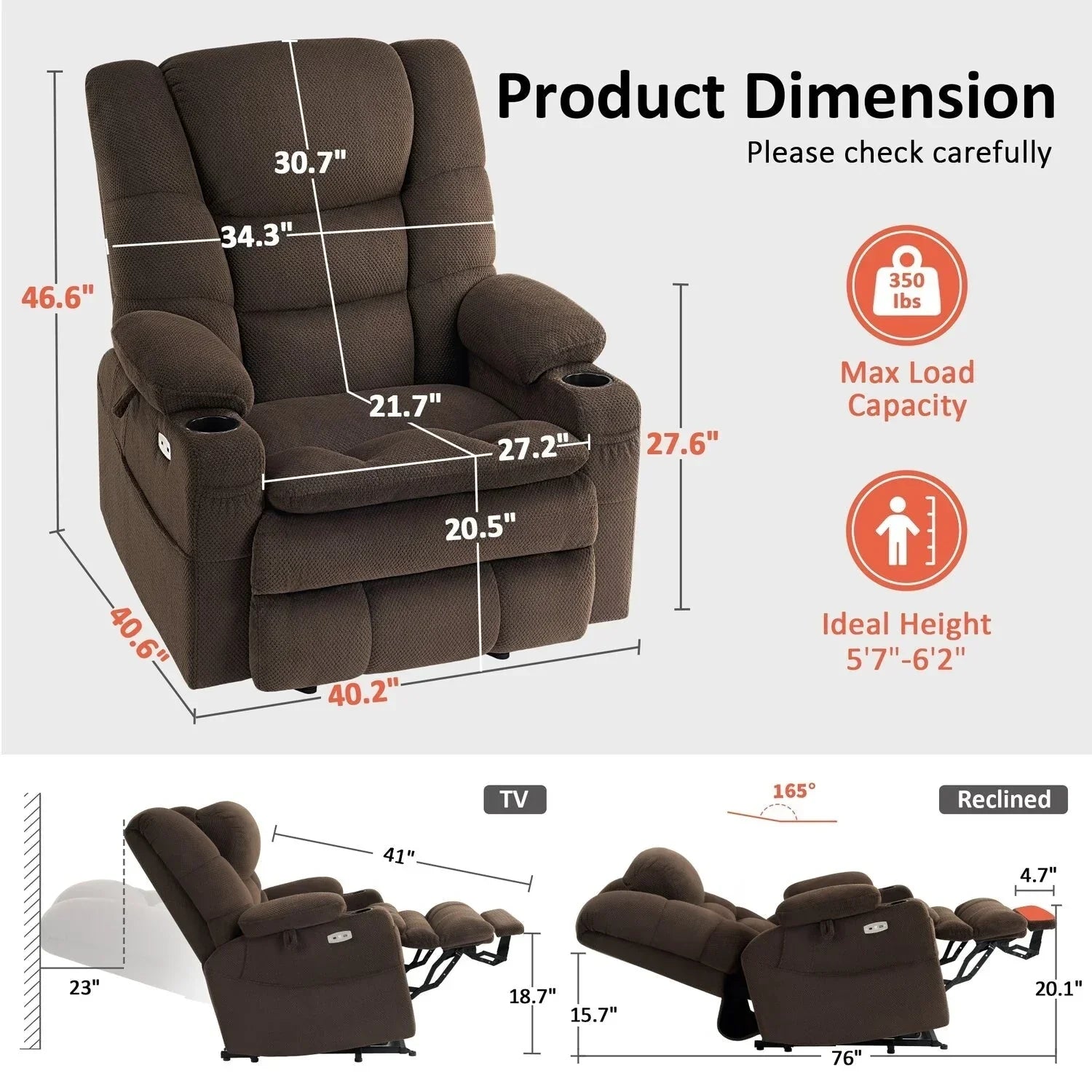 Fauteuil inclinable électrique double moteur grand et large MCombo avec massage et double chauffage pour personnes âgées de grande taille, tissu R7635