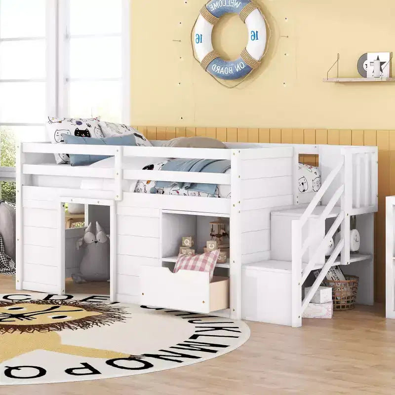 Lit mezzanine jumeau Okak en bois massif avec escalier et rangement, lits superposés jumeaux à profil bas avec tiroirs et étagères, lits mezzanine multifonctionnels pour enfants et adolescents