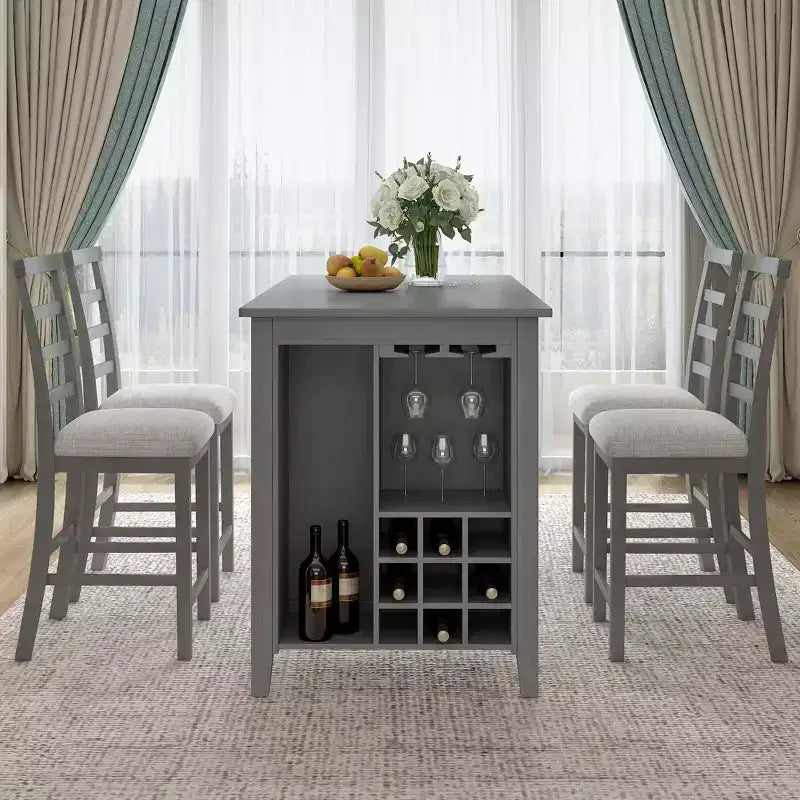 Ensemble de salle à manger 5 pièces de hauteur comptoir pour 4, table rectangulaire en bois avec étagères de rangement et compartiment à vin/barre