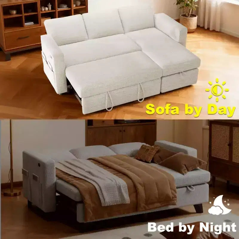 Canapé-lit convertible 2-en-1 avec méridienne de rangement, canapé d'angle en chenille avec ports USB pour salon