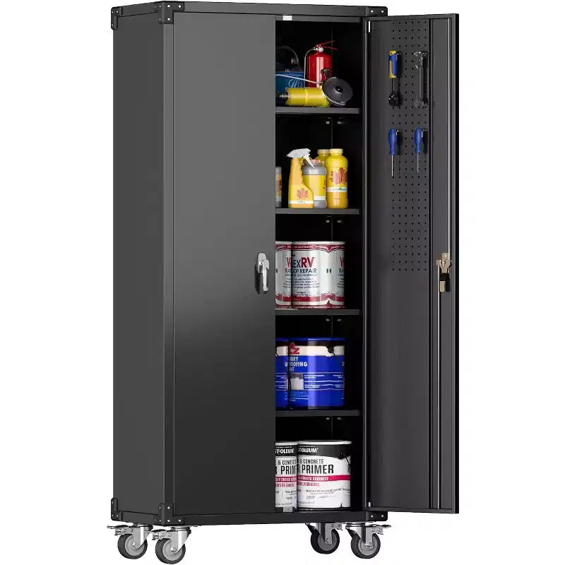 Armoire de rangement de garage avec roues et panneau perforé, armoire de rangement métallique verrouillable de 72 po de hauteur avec 2 portes et 4 étagères réglables pour atelier de garage
