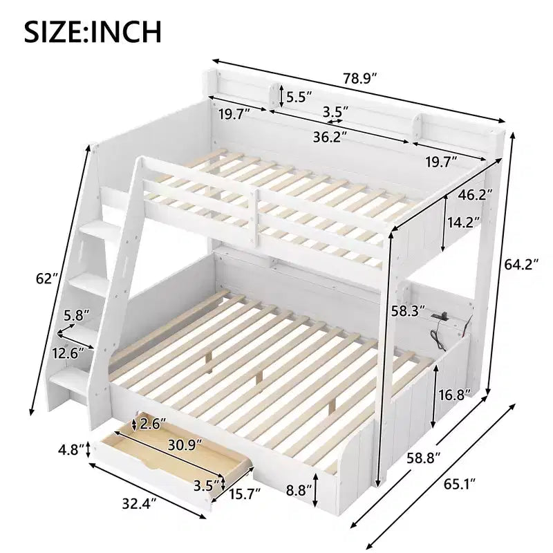 Lit superposé double sur toute la longueur avec rangement, lumières LED et station de charge, lit superposé en bois avec étagères latérales pour enfants et adolescents