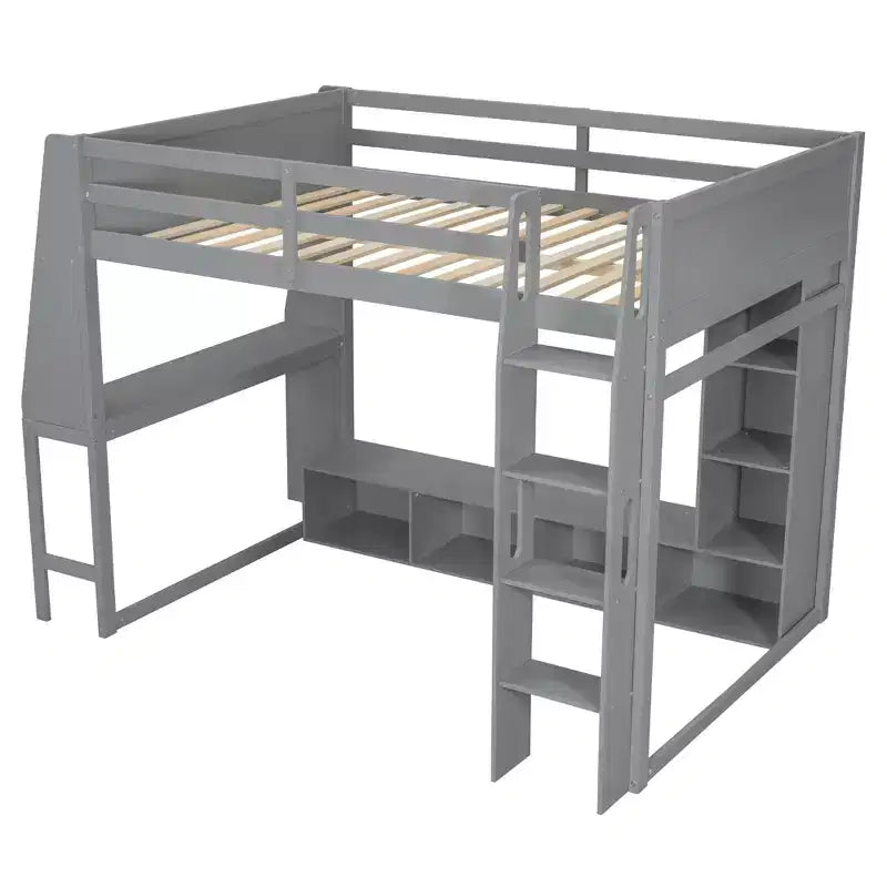 Lit mezzanine gaming Whisen Wood de taille double avec bureau, étagères multi-rangements, LED et une penderie suspendue