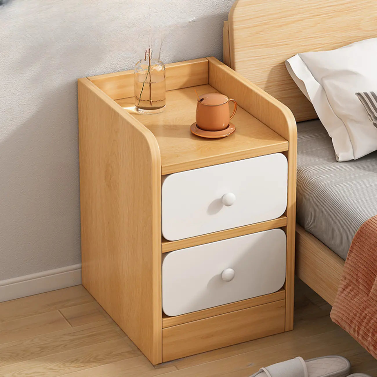 Table de chevet simple en bois naturel blanc à 2 tiroirs