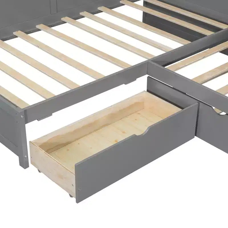 Lit plateforme en L de taille double avec lit gigogne et station de recharge, cadre de lit en bois avec étagère
