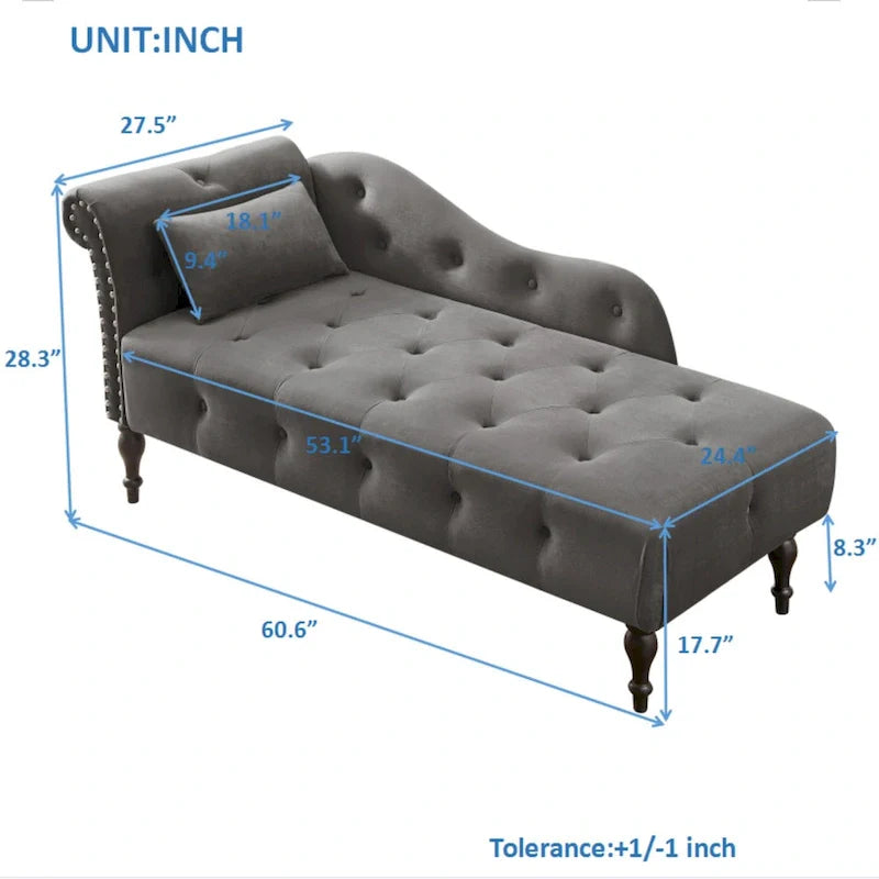 Chaise longue moderne de 154 cm avec revêtement en velours, boutons capitonnés, pieds en bois massif et clous de tapissier