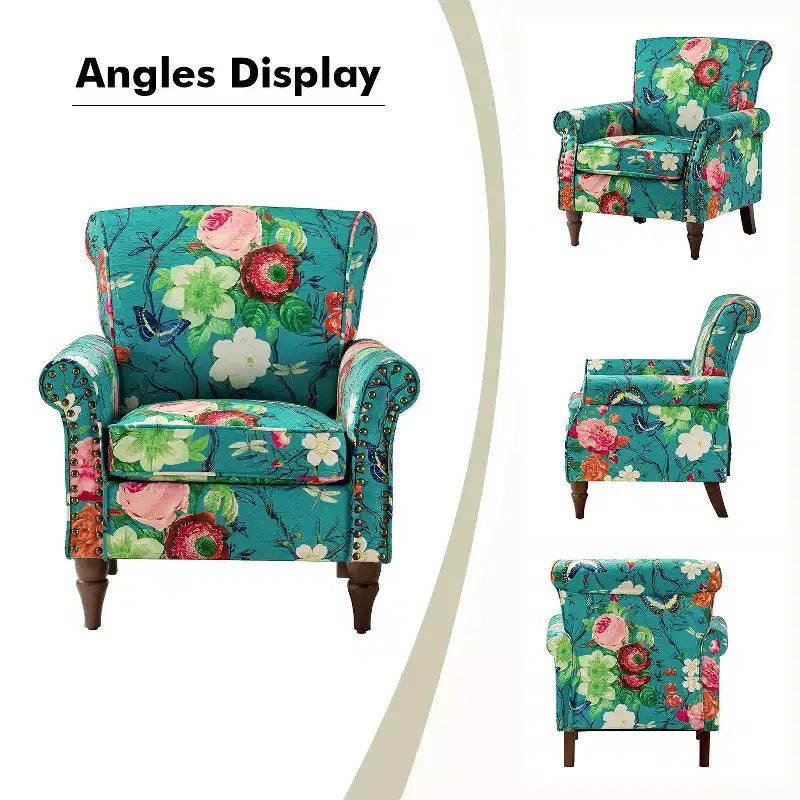 Fauteuil en bois traditionnel Araceli, rembourré à motifs floraux, avec dossier à oreilles et garniture cloutée | ART OF LIVING DESIGNS