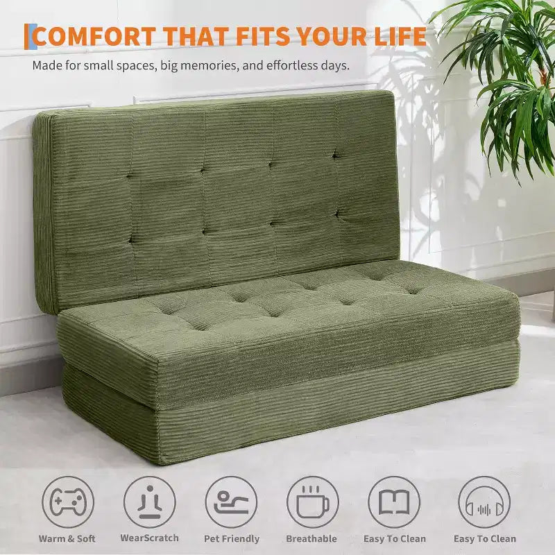 SunnyFurn Matelas pliant triple 6 pouces pour canapé-lit, 75X54.3 Lit d'appoint pliable en mousse avec velours côtelé capitonné, portable pour le camping, le salon, la chambre à coucher