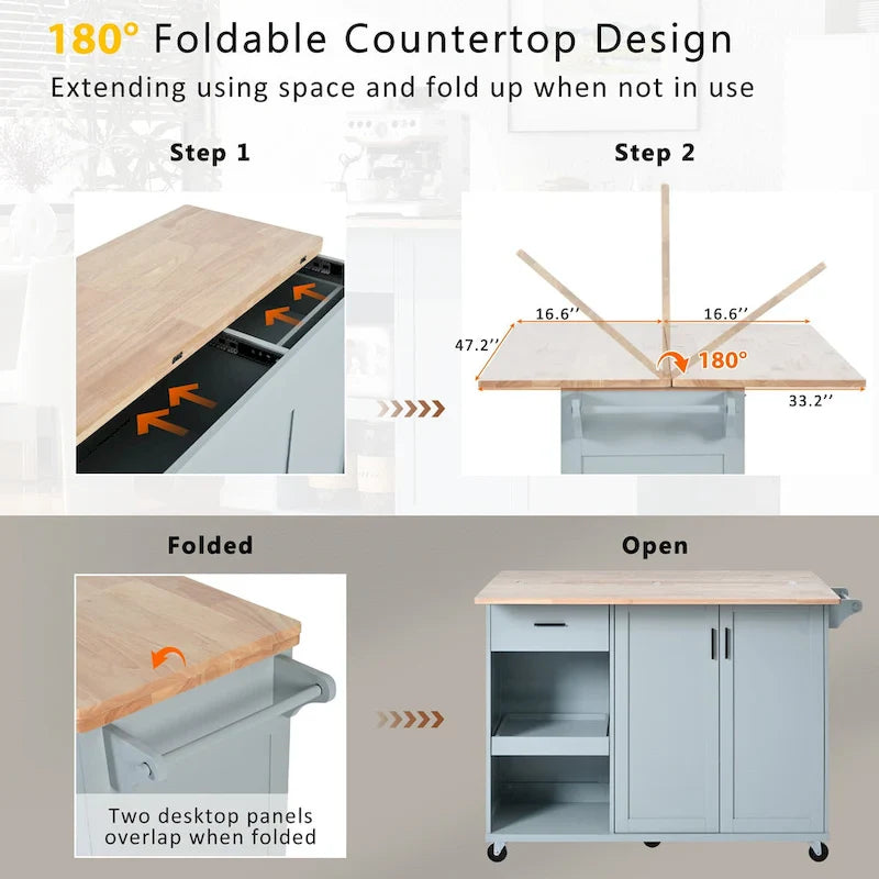 Îlot de cuisine avec plan de travail pliable, desserte de rangement de cuisine avec étagère coulissante, porte-serviettes et tiroir, roulettes.