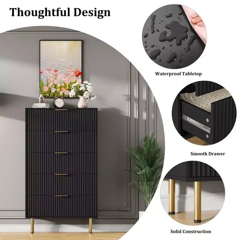 Commode à 5 tiroirs blanche / marbre et bois – Panneau cannelé, pour 1 personne