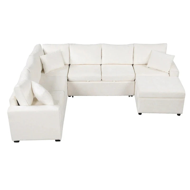 Canapé d'angle en chenille convertible, canapé-lit en forme de L avec pouf de rangement, 3 oreillers et dispositifs de charge