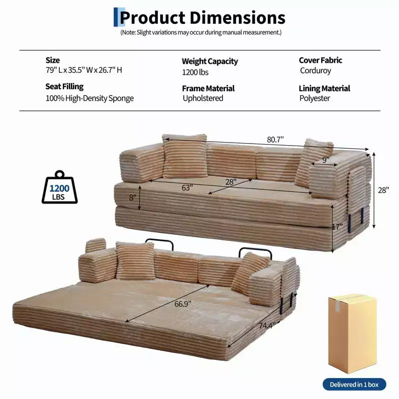 Canapé-Lit Convertible 5-en-1 de 80,7 po – Velours Côtelé, 1200 lb, Aucun Assemblage Requis