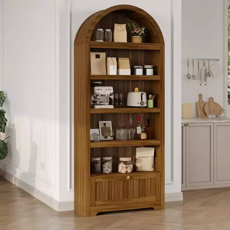 Bibliothèque arquée de 72 po avec tiroir de rangement, armoire de présentation moderne en bois à 6 niveaux avec étagères ouvertes et tiroir inférieur, porte d'armoire incurvée