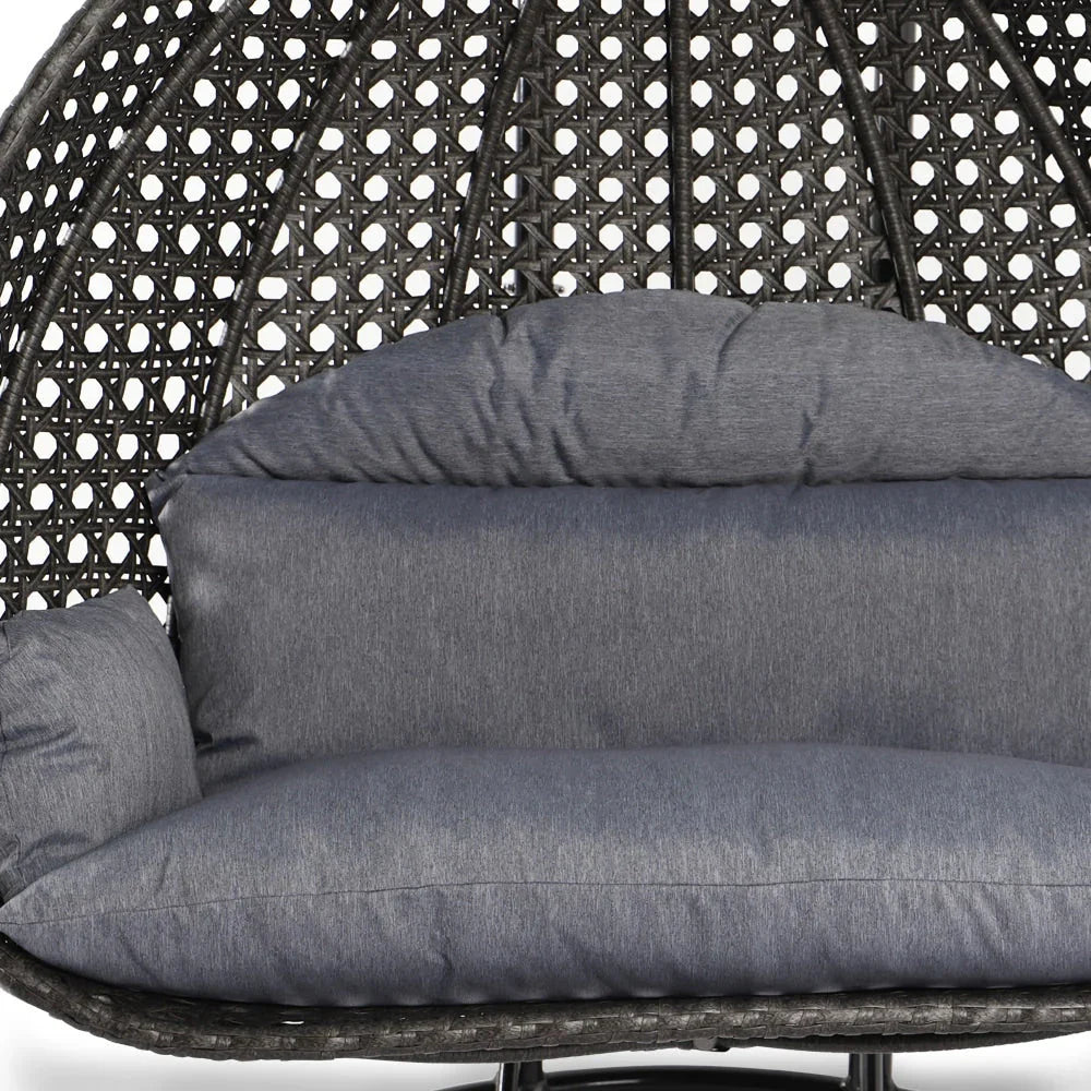 LeisureMod Fauteuil suspendu œuf 2 places avec support - Balançoire / hamac de patio en rotin osier pour extérieur/intérieur avec coussins