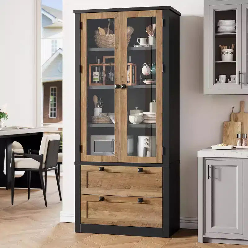 Vaisselier de cuisine de ferme avec portes vitrées, Armoire de rangement de 183 cm avec tiroirs et étagères réglables pour salle à manger, salle de bain, salon