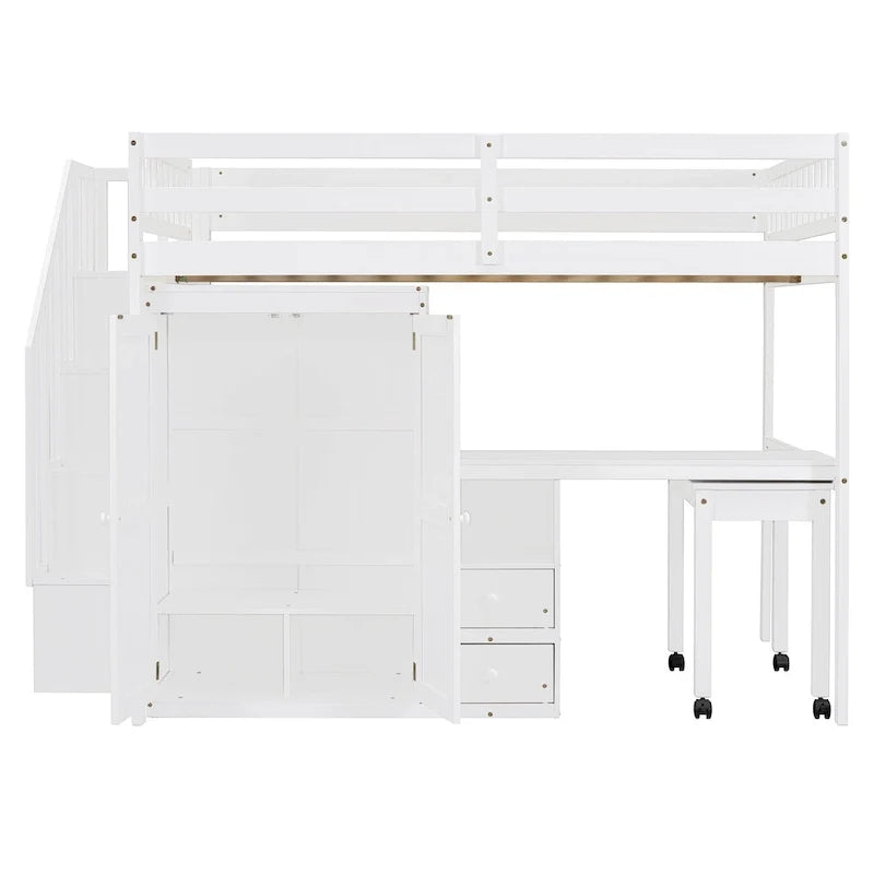Lit mezzanine double avec escalier, bibliothèque, bureau et armoire – Meuble multifonctionnel et peu encombrant pour enfants et adolescents – Blanc