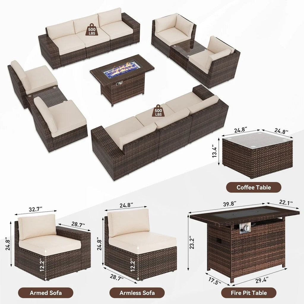 Ensemble de mobilier de jardin 13 pièces avec table brasero de 44 pouces