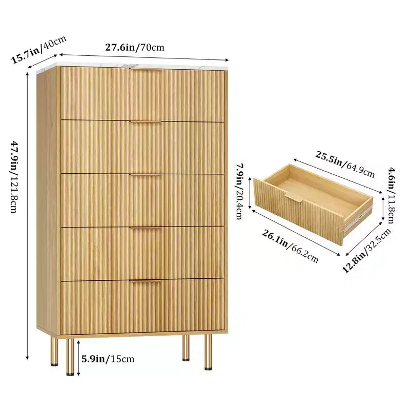 Commode à 5 tiroirs blanche / marbre et bois – Panneau cannelé, pour 1 personne