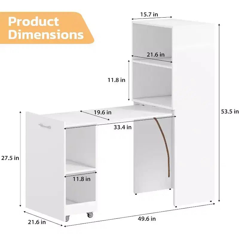Bureau extensible MooxvMoo avec étagères de rangement et roulettes mobiles, table d'ordinateur pliable pour petits appartements et bureaux à domicile, blanc