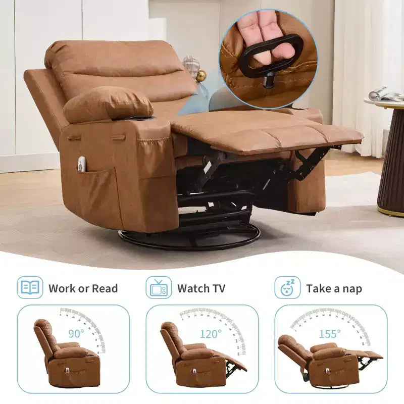 Fauteuil inclinable surdimensionné 360 pivotant et berçant avec massage et chaleur - Fauteuil de salon ergonomique avec porte-gobelets, poches latérales pour salon, chambre de bébé