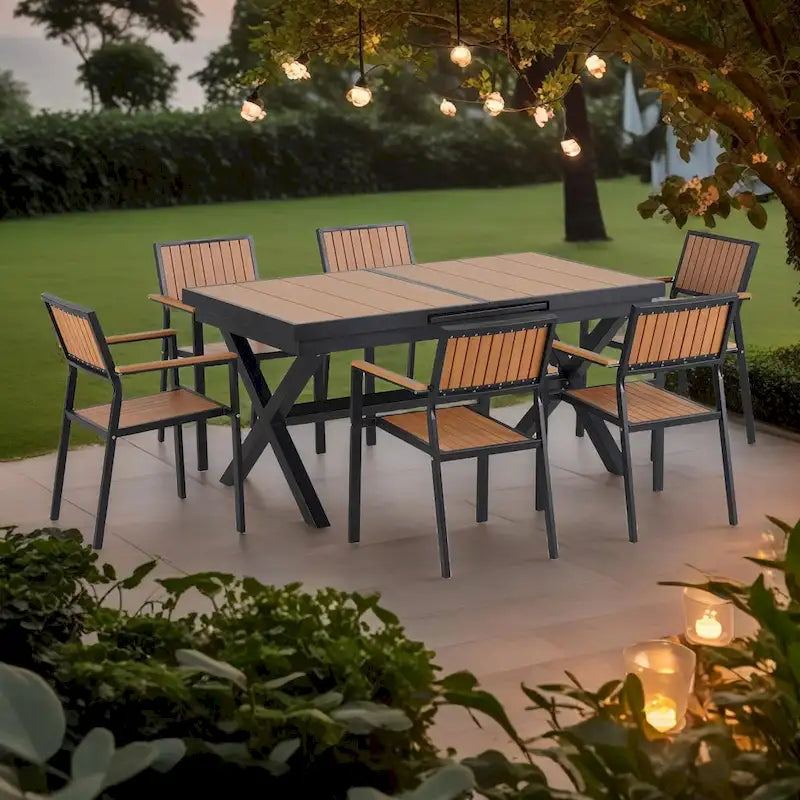 Ensemble de salle à manger d'extérieur extensible 7 pièces avec table extensible et 6 fauteuils