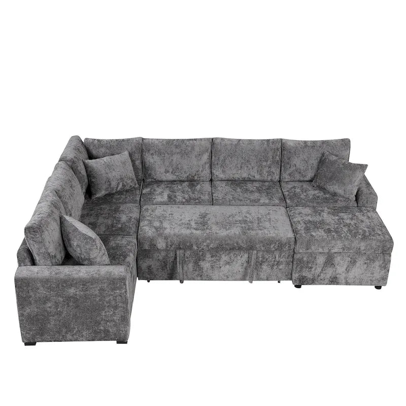 Canapé d'angle en chenille convertible, canapé-lit en forme de L avec pouf de rangement, 3 oreillers et dispositifs de charge