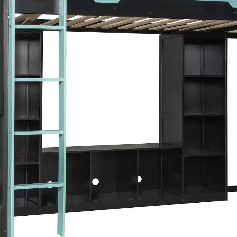 Lit mezzanine de jeu en L avec bureaux, lits superposés doubles avec lumières LED, ports USB, étagères de rangement, lit mezzanine d'angle en bois pour 2 personnes