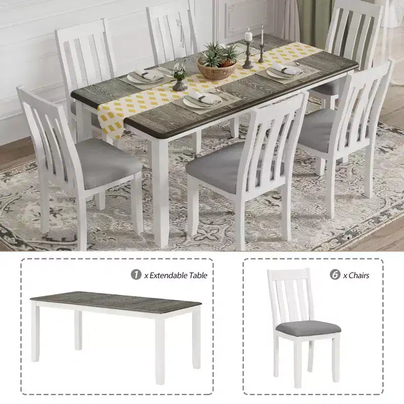 Ensemble de salle à manger extensible de style ferme pour 6 personnes, table rectangulaire et 6 chaises rembourrées