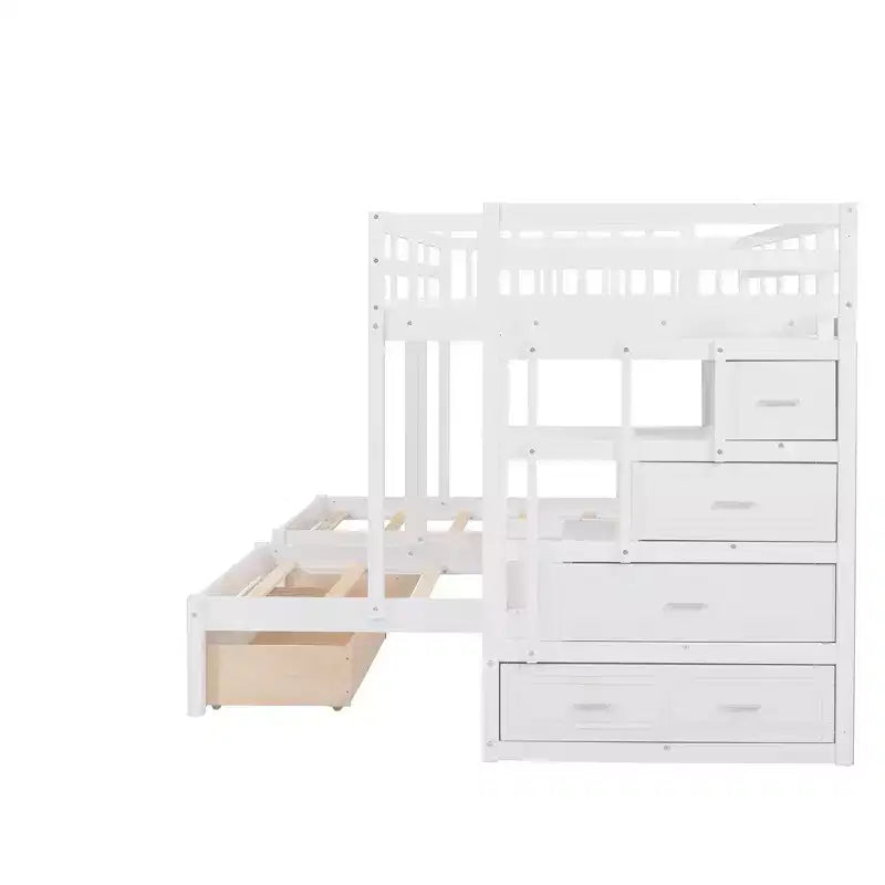 Lit superposé triple en bois Whisen, lit superposé double sur lits jumeaux avec tiroirs et garde-corps
