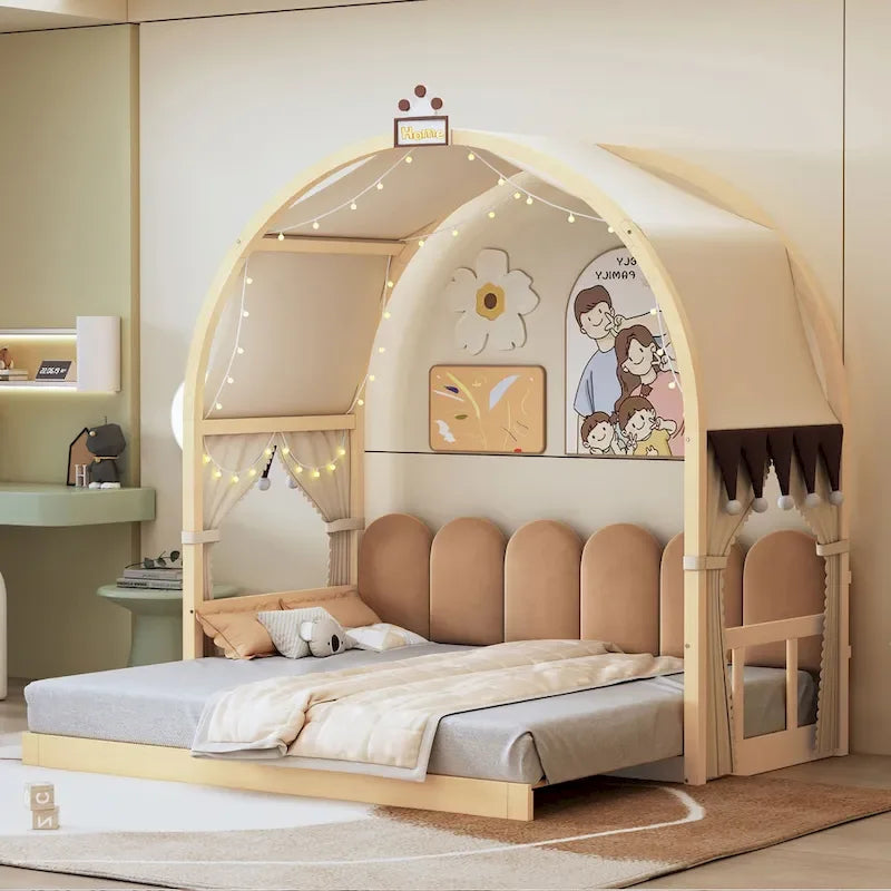 Lit cabane Montessori en bois massif avec plateforme, toit voûté et lit gigogne pour filles et garçons