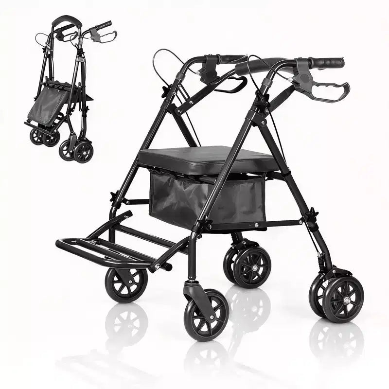 Fauteuil roulant pliable portable pour adultes, capacité de 135 kg, 6 roues, hauteur réglable, rangement sous le siège, siège et repose-pieds confortables