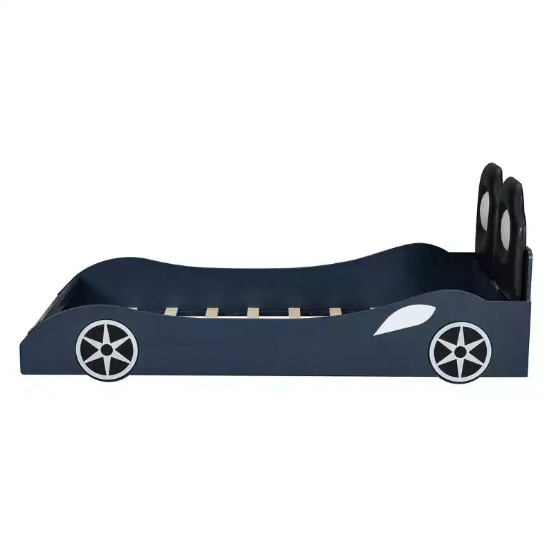 Lit plateforme Whisen Wood en forme de voiture de course, taille double, avec LED et dossier rembourré
