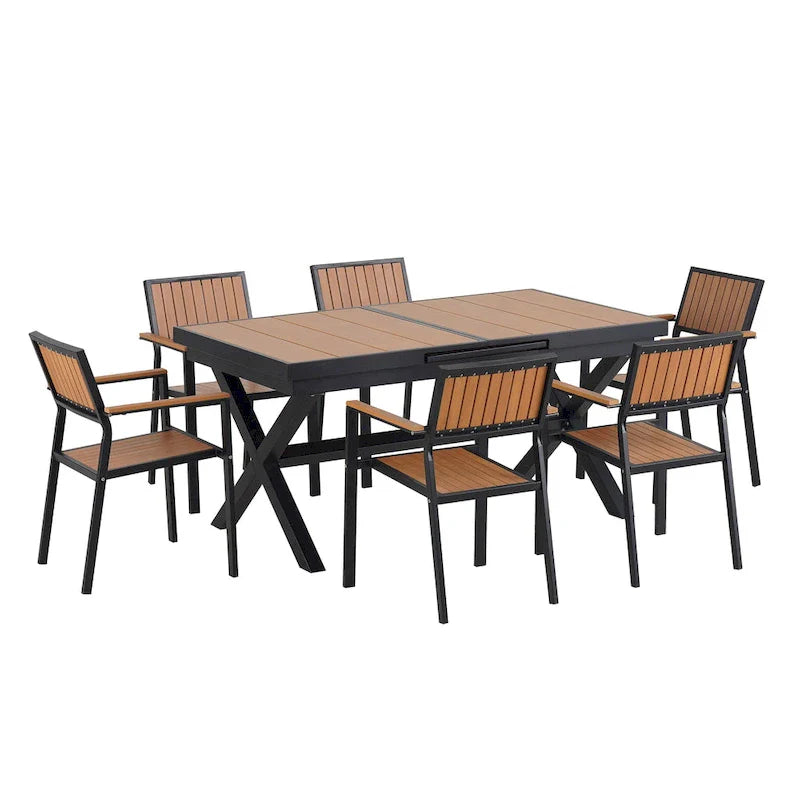 Ensemble de salle à manger d'extérieur extensible 7 pièces avec table extensible et 6 fauteuils