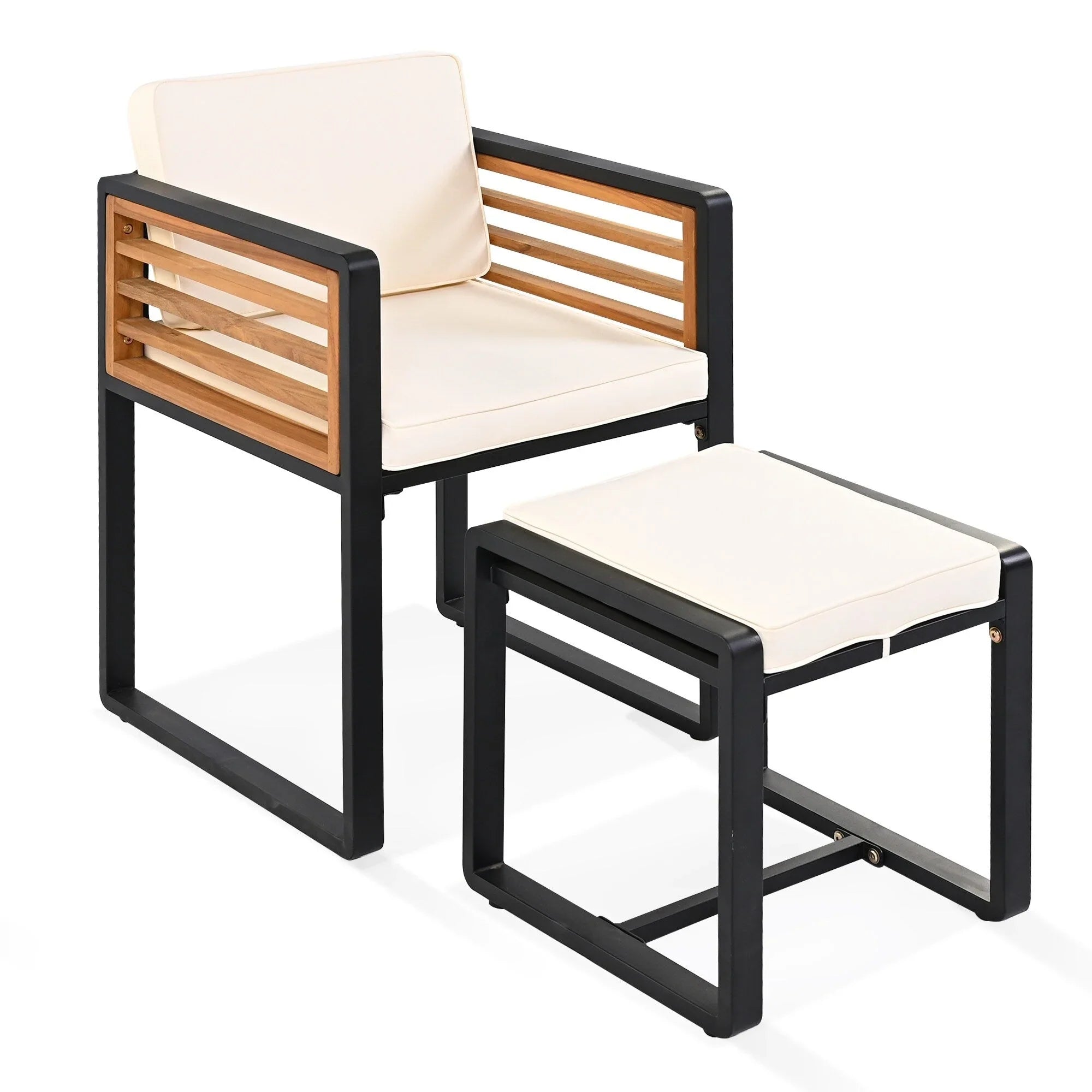 Ensemble de salle à manger d'extérieur 18 pièces en bois d'acacia, 8 chaises rembourrées, 8 poufs et 2 tables carrées